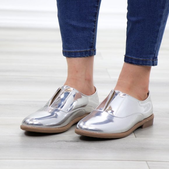 Silver Patent Flat Slip On Oxford Loafers - Picture 14 of 15